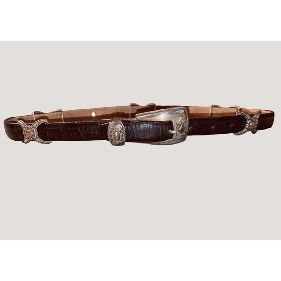Leather Belt Size 30 Brighton Black Western Gold Silver Accents Buckle Conchos main image 4